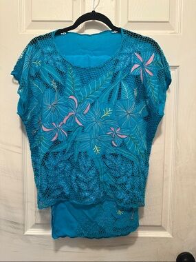 Turquoise Floral Lace Embroidery Women's Top and Skirt Set Hawaii Bali Cutwork
